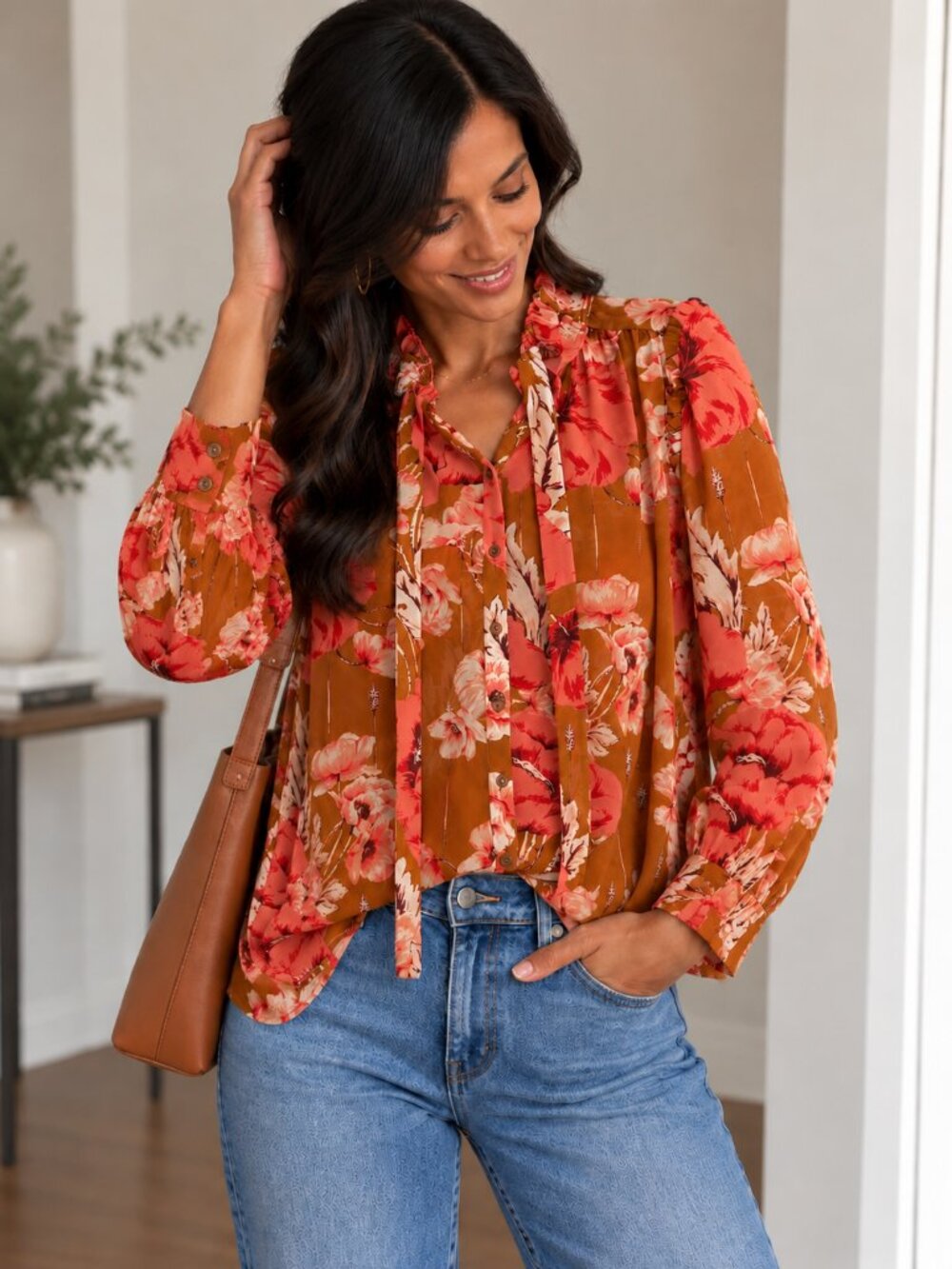 Ann Taylor Floral Tie Neck Blouse Rust Coral Size S